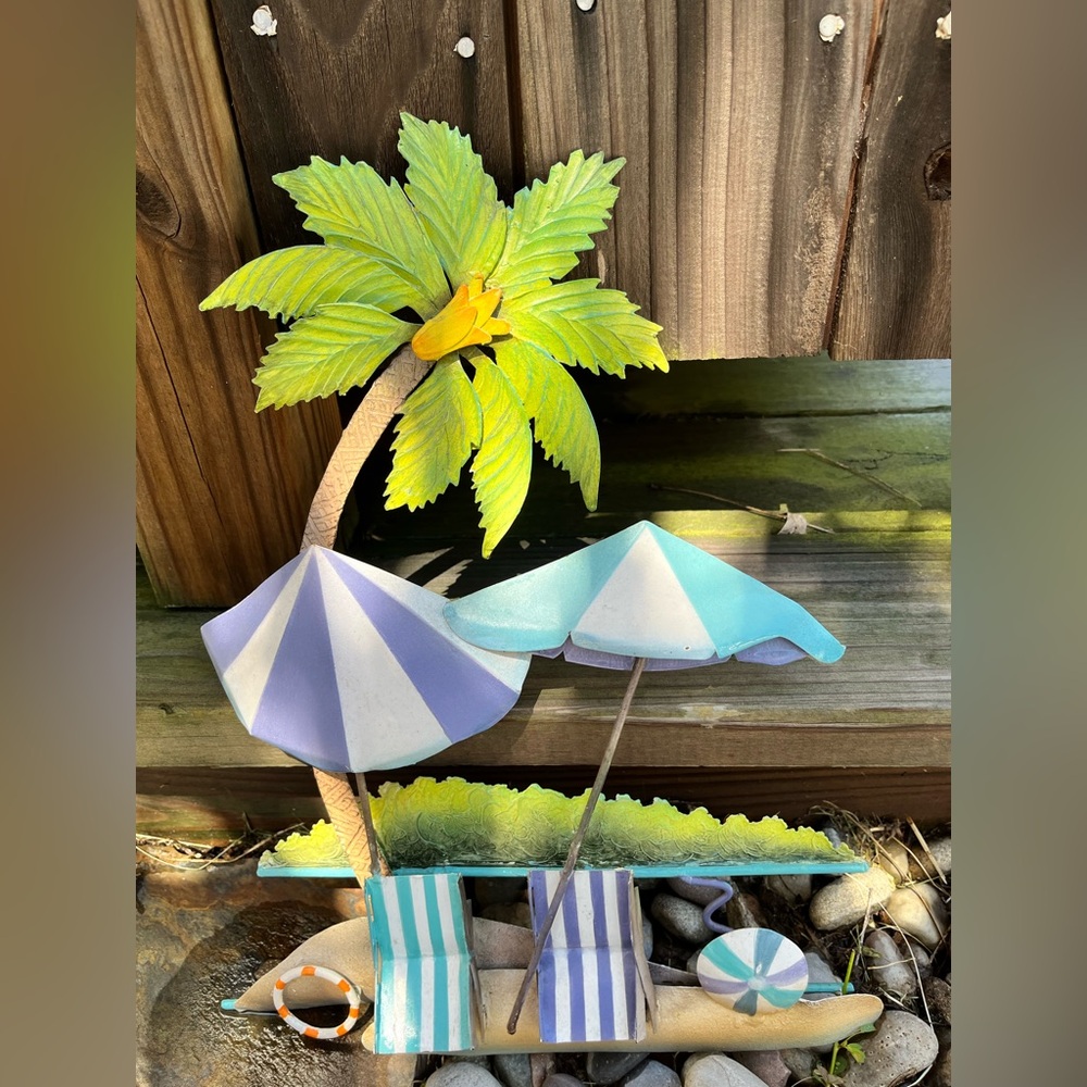 Tropical Beach Metal Wall Art with Palm Tree and Umbrellas